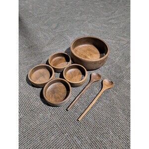 Vintage 1970s MCM Winsome Hand Turned Teak Wood Salad Serving Bowl 7-Piece Set
